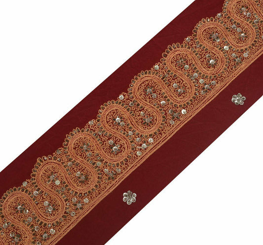 Vintage Saree Border Craft Trim Antique Lace Hand Beaded Embroidered Maroon