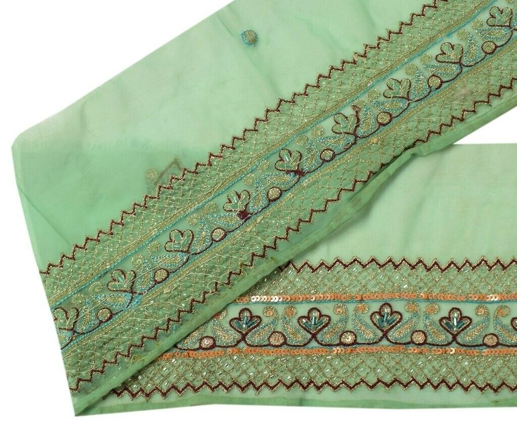Vintage Saree Sewing Trim Indian Craft Border Beaded Embroidered Green Lace