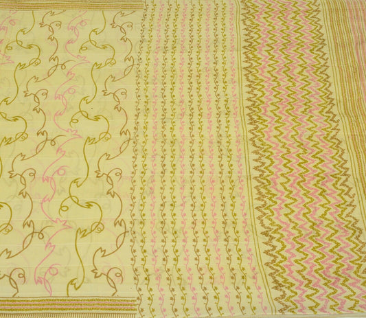 Vintage Saree 100% Pure Cotton Cream Floral Printed Scrap Sari For Sewing Craft