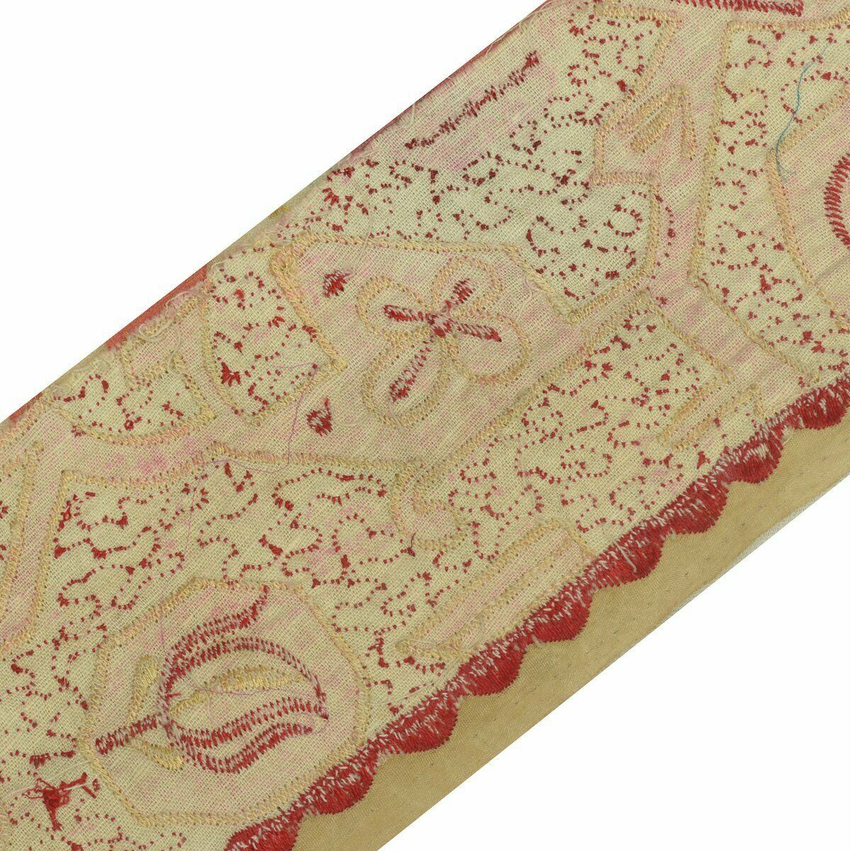 Vintage Saree Border Indian Craft Trim Antique Lace Embroidered Woven Red Cream