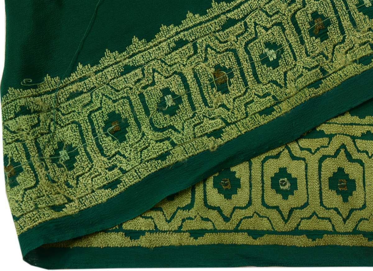 Vintage Sari Border Indian Craft Trim Embroidered Pure Crepe Silk Green Ribbon