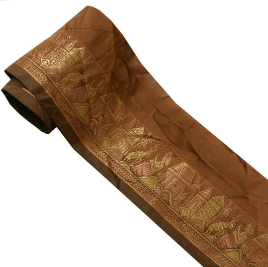 Vintage Sari Border Indian Craft Trim Woven Lady Deer Hut Ribbon Lace Rust