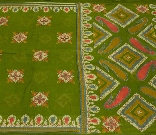 Vintage Indian Scrap Green Saree Pure Cotton Printed Craft Sari Remnant Fabric