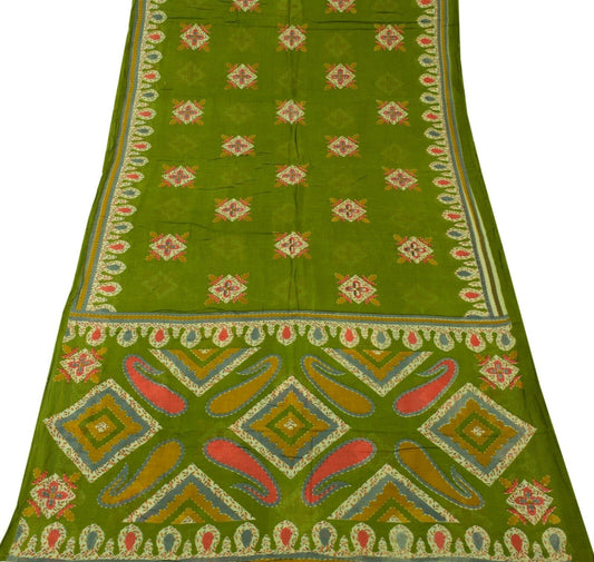 Vintage Indian Scrap Green Saree Pure Cotton Printed Craft Sari Remnant Fabric