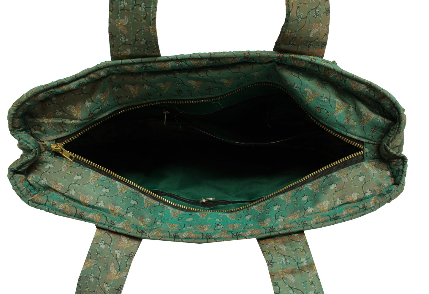 Sushila Vintage Green Tote Bag 100% Pure Silk Printed Handbag Shoulder Bag