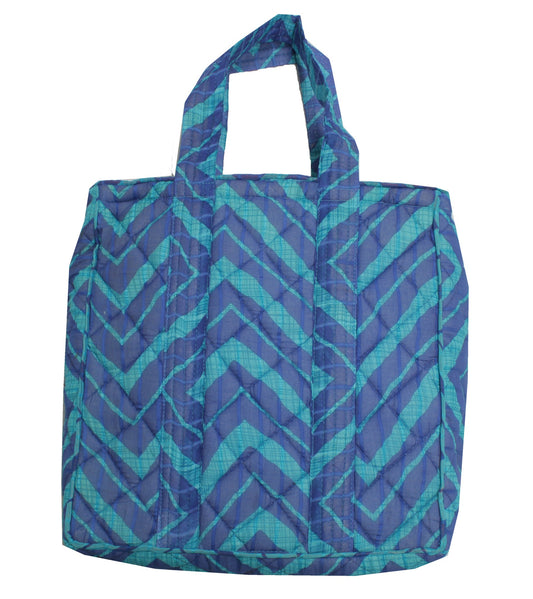 Sushila Vintage Blue Tote Bag 100% Pure Silk Printed Handbag Shoulder Bag