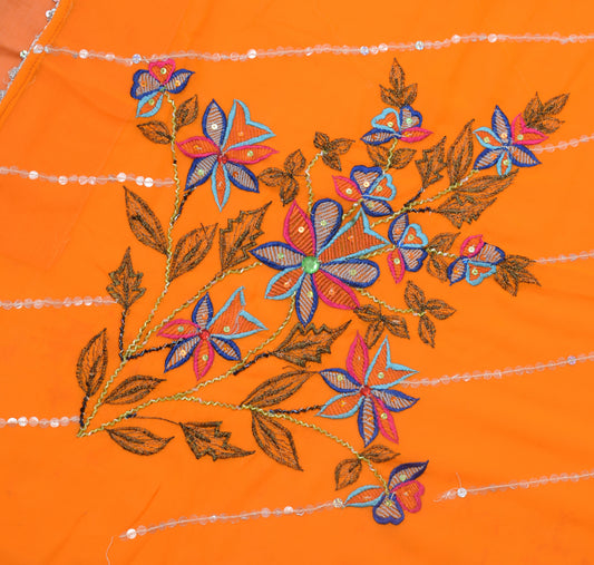 Sushila Vintage Orange Scrap Sari Blend Georgette Hand Beaded Floral Sari Fabric