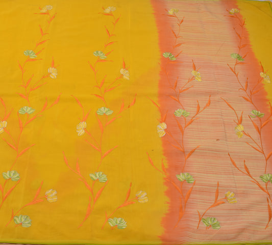 Sushila Vintage Yellow Scrap Saree Pure Georgette Silk Embroidered Floral Sari Fabric