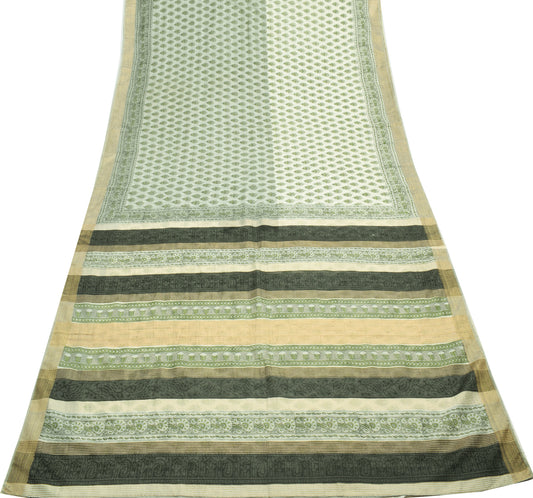 Sushila Vintage Gray Scrap Saree 100%Pure Cotton Silk Woven Floral Sari Fabric
