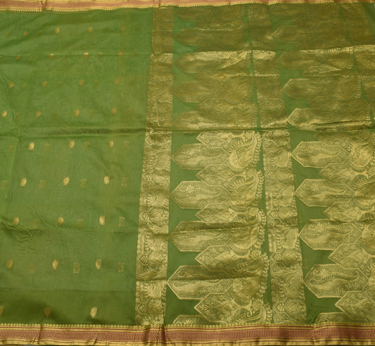 Sushila Vintage Green Indian Scrap Saree Art Silk Woven Floral Sari Craft Fabric