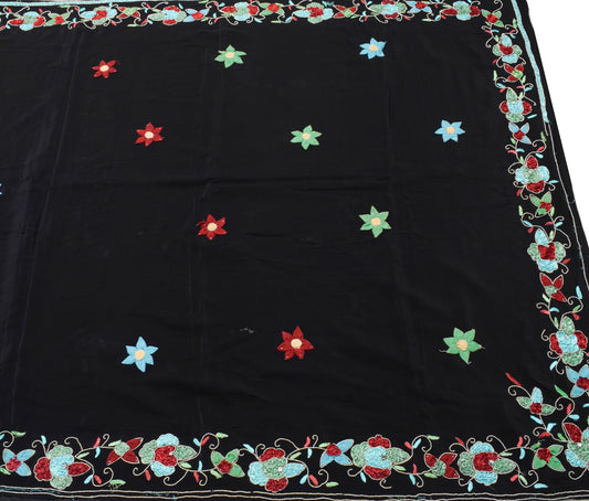 Sushila Vintage Black Scrap Saree 100% Pure Crepe Hand Embroidered Sari Fabric