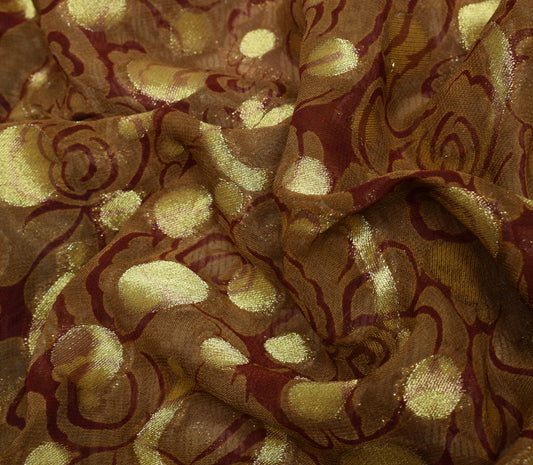 Sushila Vintage Brown Scrap Saree Blend Georgette Silk Woven Floral Sari Fabric