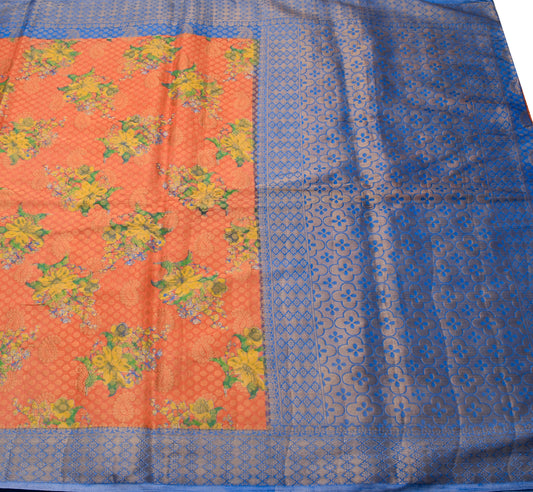 Sushila Vintage Orange & Blue Scrap Saree Art Silk Woven Floral Sari Fabric