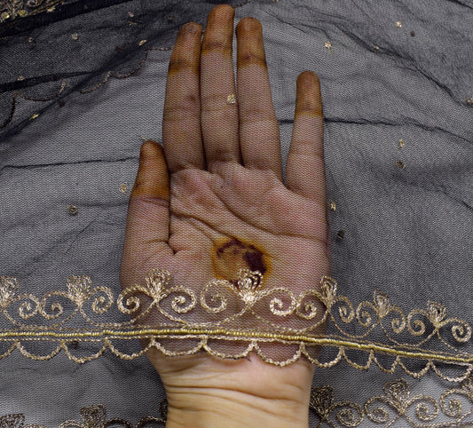 Sushila Vintage Black Scrap Saree Net Mesh Floral Hand Beaded Sari Craft Fabric