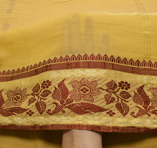 Sushila Vintage Yellow Scrap Saree 100%Pure Cotton Woven Floral Soft Sari Fabric