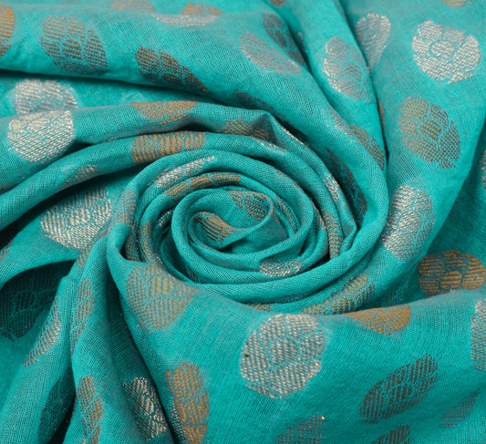 Sushila Vintage Aqua Blue Scrap Saree Blend Cotton Silk Woven Floral Sari Fabric