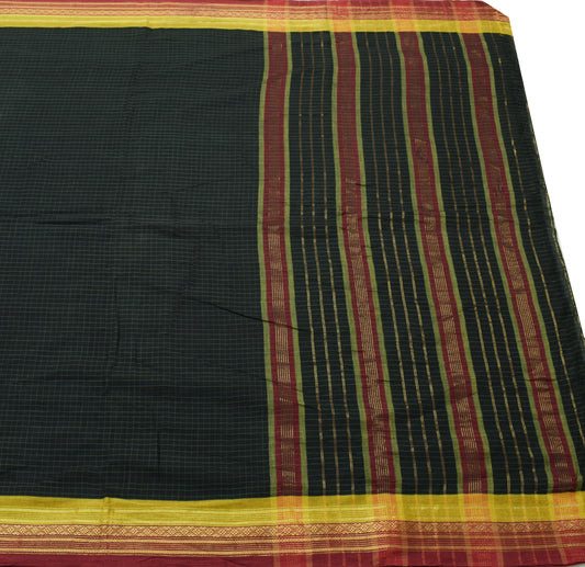 Sushila Vintage Black Scrap Saree 100%Pure Cotton Woven Checks Sari Craft Fabric