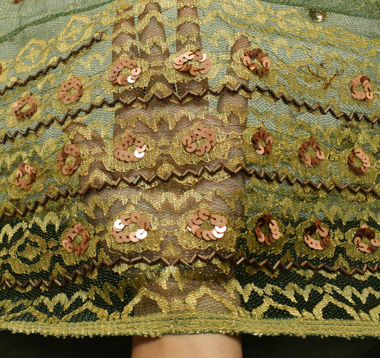 Sushila Vintage Green Scrap Saree Net Mash Hand Beaded Floral Sari Dress Fabric