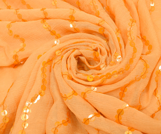 Sushila Vintage Orange Scrap Saree Pure Chiffon Sequins Embroidered Sari Fabric