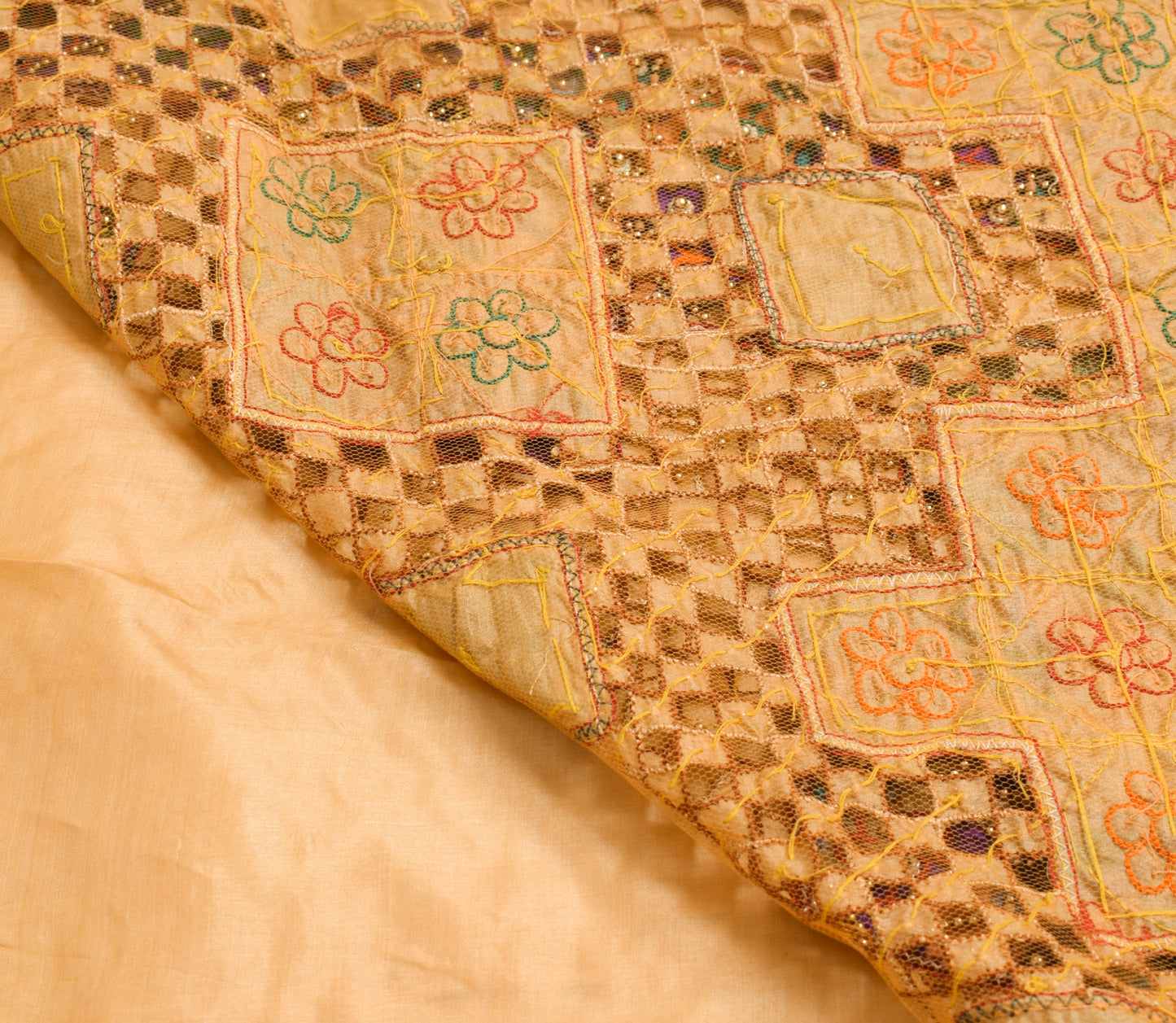 Sushila Vintage Beige Scrap Saree 100% Pure Silk Applique Work Sari CraftFabric