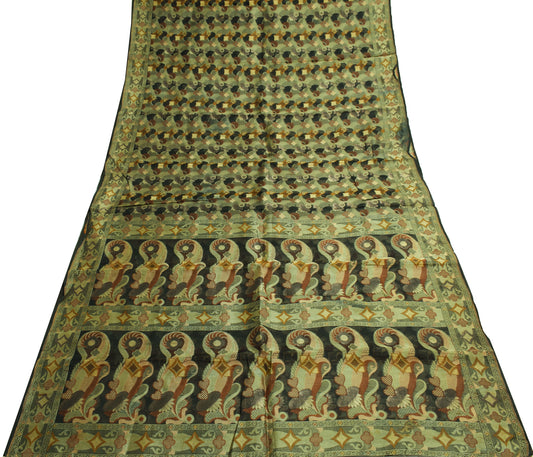 Sushila Vintage Black Scrap Saree 100%Pure Silk All Over Woven Sari Craft Fabric