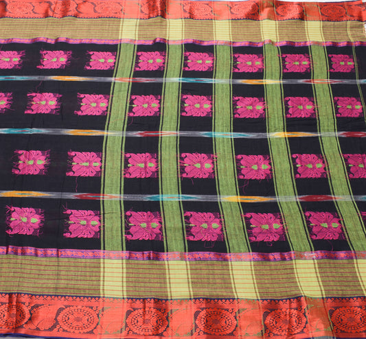 Sushila Vintage Black Scrap Saree 100% Pure Cotton Woven Paisley 5YD Sari Fabric