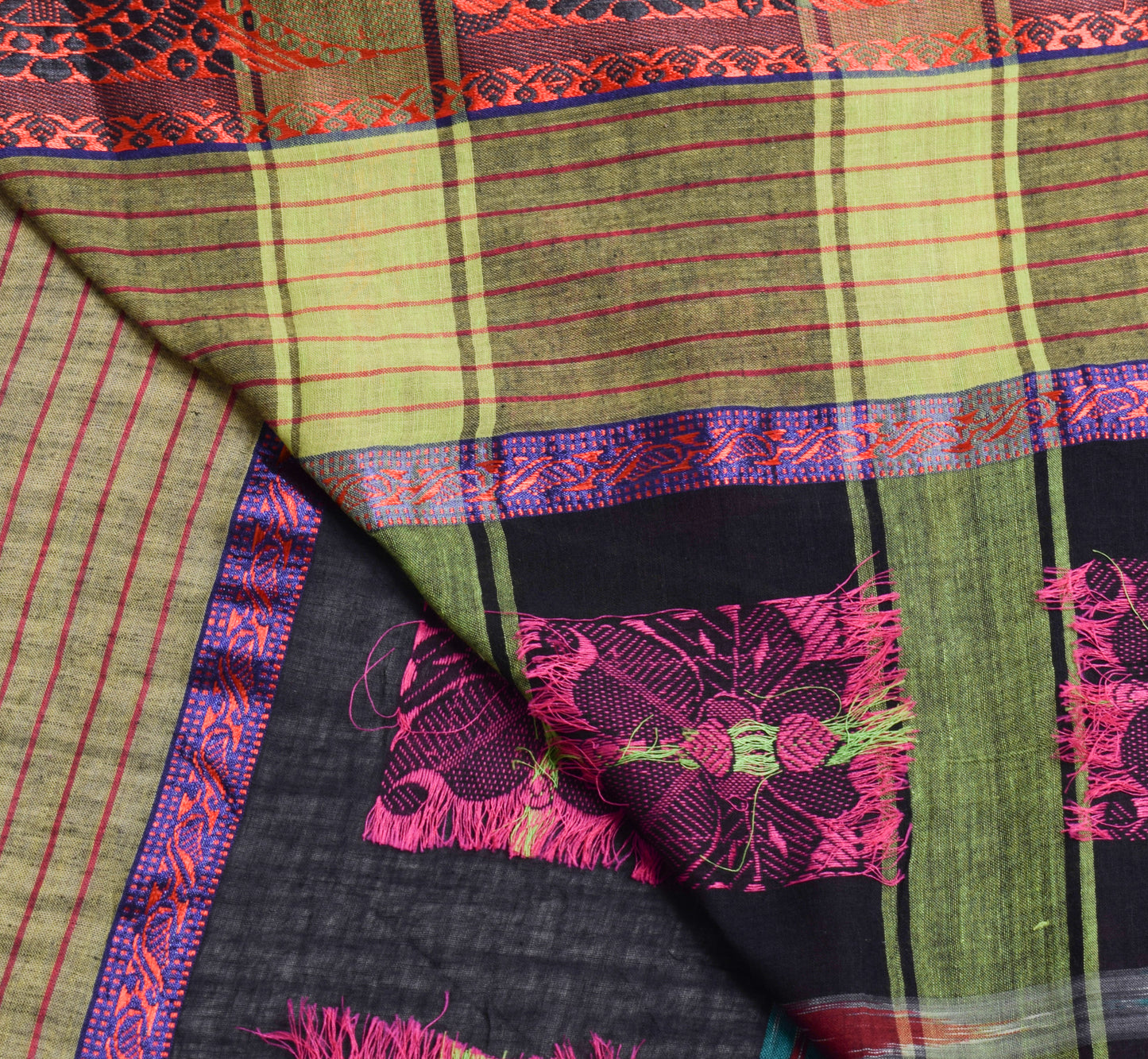 Sushila Vintage Black Scrap Saree 100% Pure Cotton Woven Paisley 5YD Sari Fabric