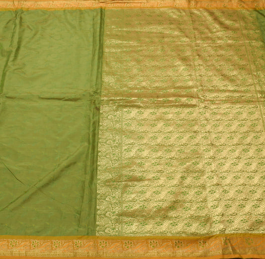 Sushila Vintage Green Scrap Saree Art Silk All Over Woven Floral 5YD Sari Fabric