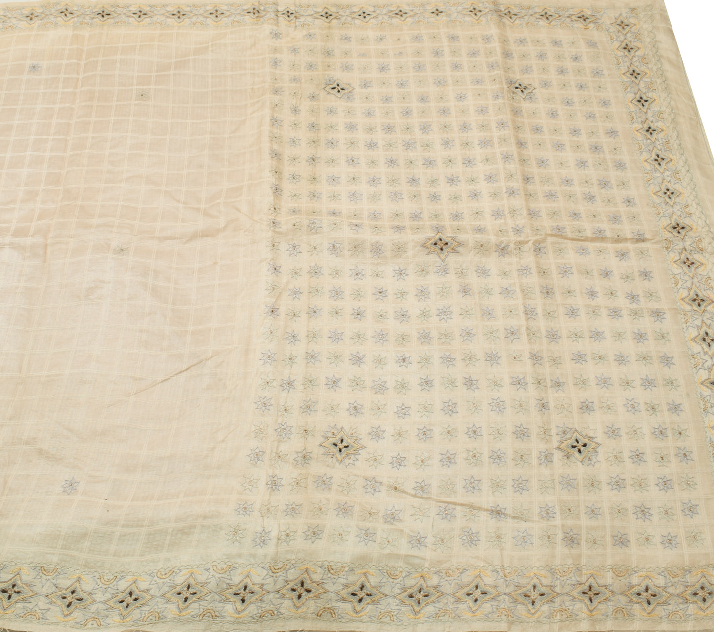 Sushila Vintage Cream Scrap Saree 100% Pure Silk Checks Embroidered Sari Fabric