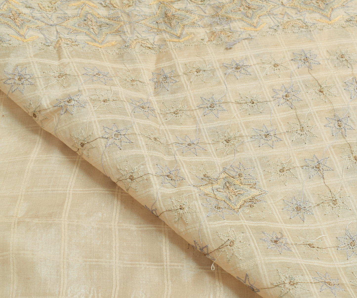 Sushila Vintage Cream Scrap Saree 100% Pure Silk Checks Embroidered Sari Fabric