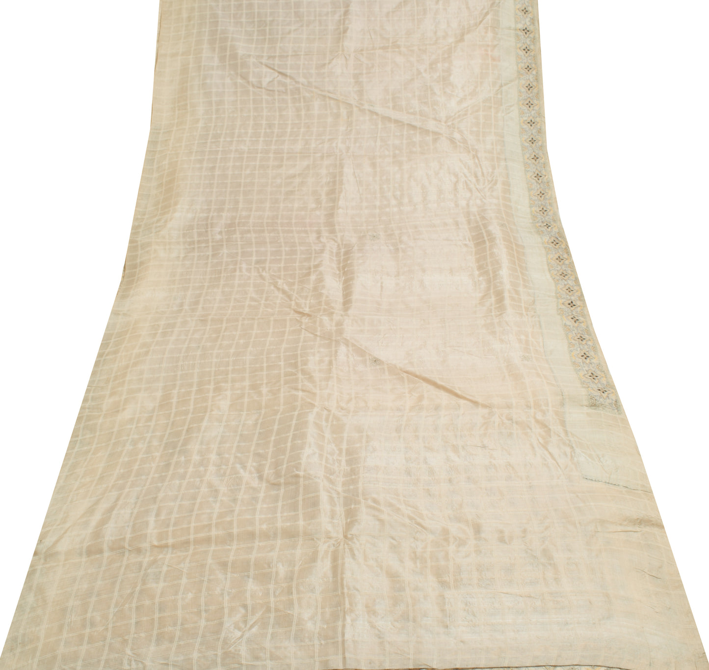 Sushila Vintage Cream Scrap Saree 100% Pure Silk Checks Embroidered Sari Fabric