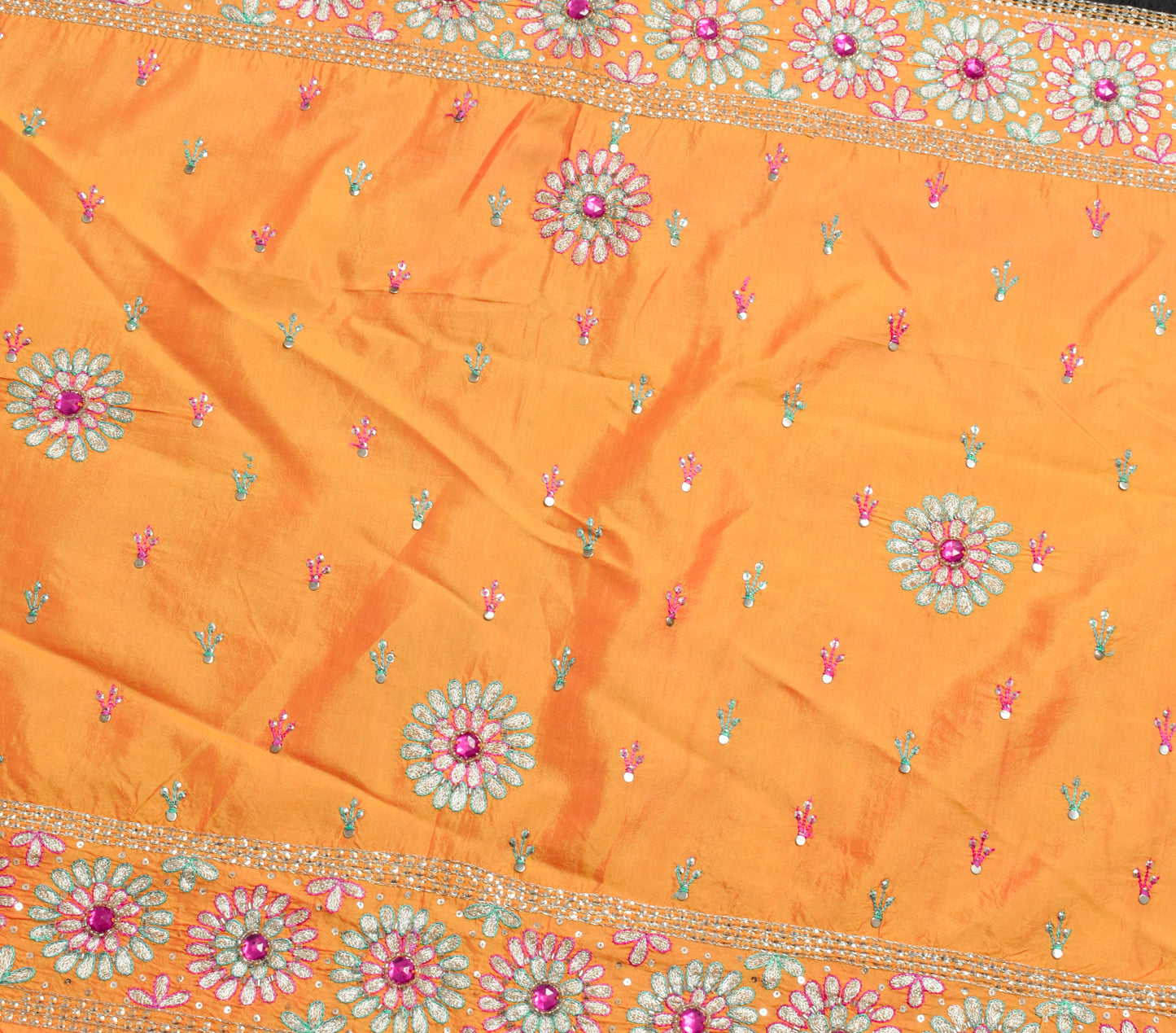 Sushila Vintage Black Scrap Saree 100% Pure Silk Hand Beaded Floral Sari Fabric