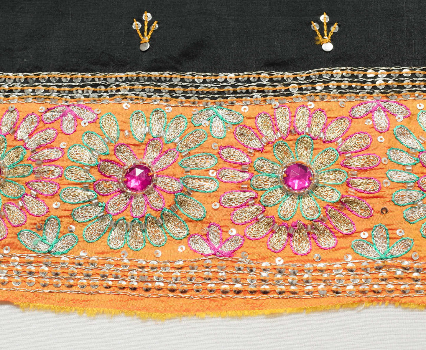 Sushila Vintage Black Scrap Saree 100% Pure Silk Hand Beaded Floral Sari Fabric