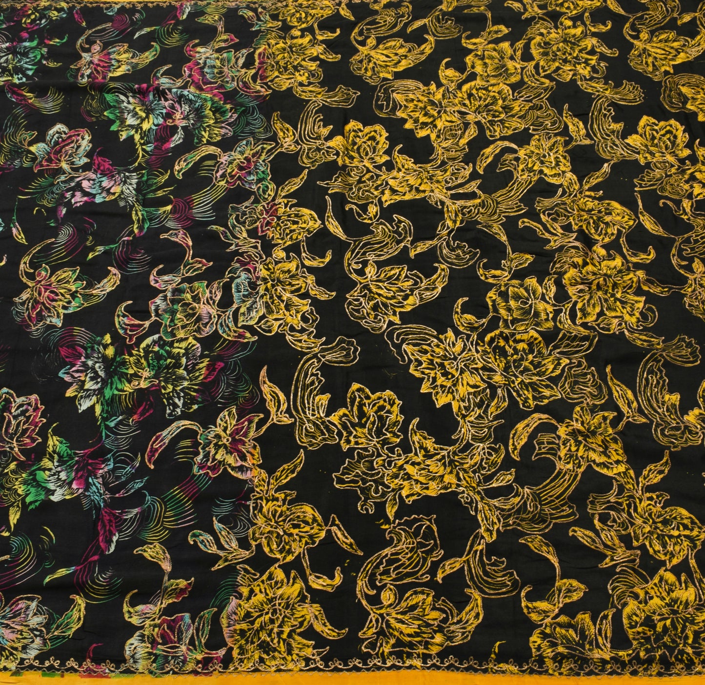 Sushila Vintage Black Scrap Saree 100%Pure Silk Floral Printed Sari Craft Fabric