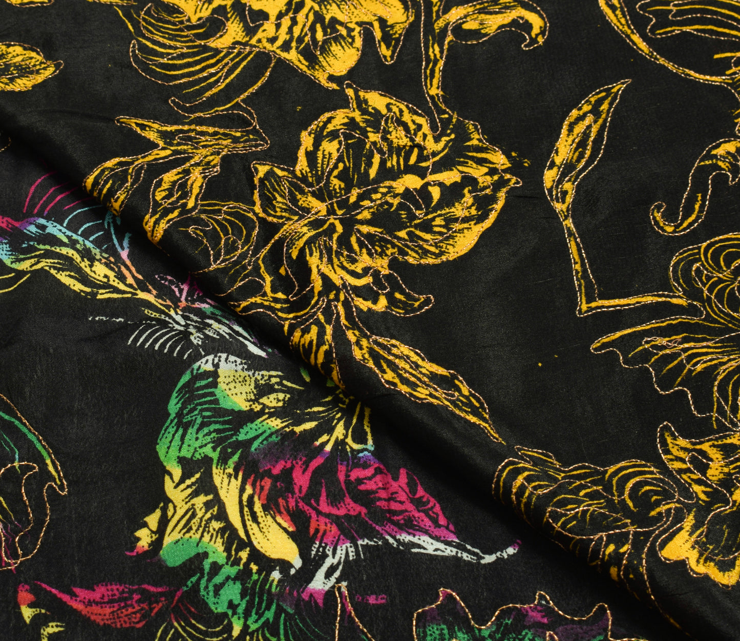 Sushila Vintage Black Scrap Saree 100%Pure Silk Floral Printed Sari Craft Fabric
