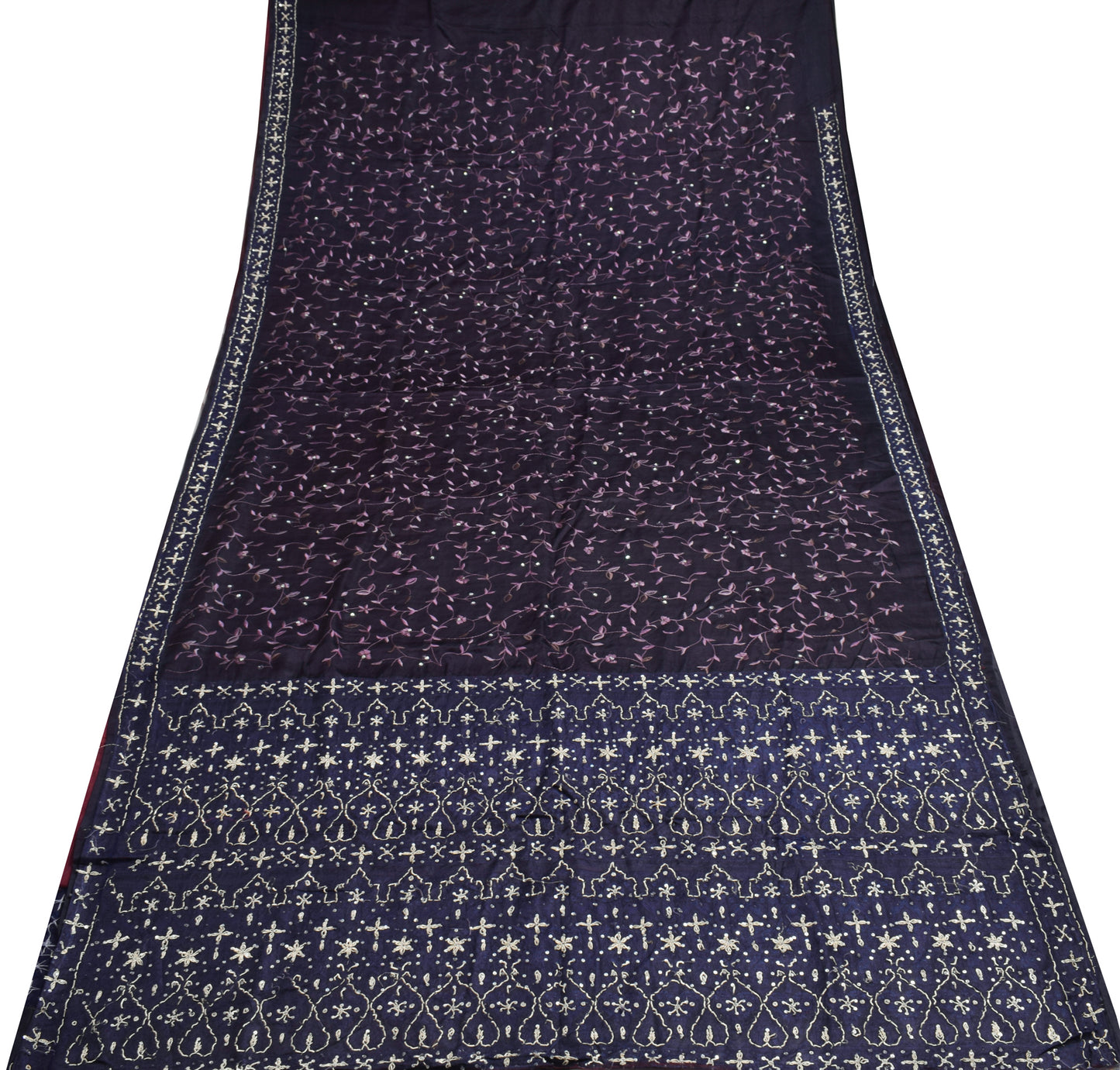 Sushila Vintage Blue Scrap Saree 100%Pure Satin Silk Hand Beaded 5YD Sari Fabric