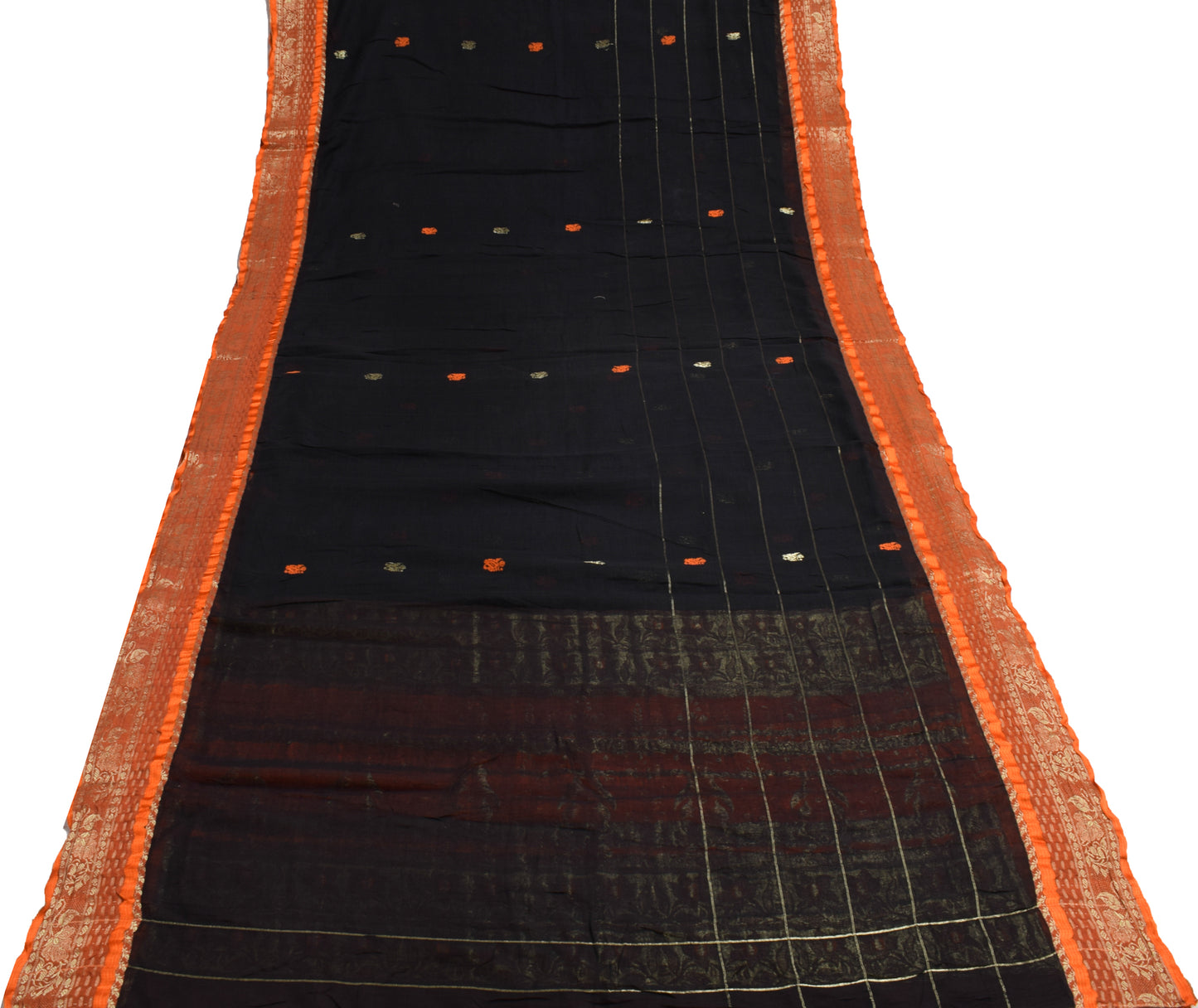 Sushila Vintage Black Scrap Saree 100% Pure Cotton Woven Floral Soft Sari Fabric
