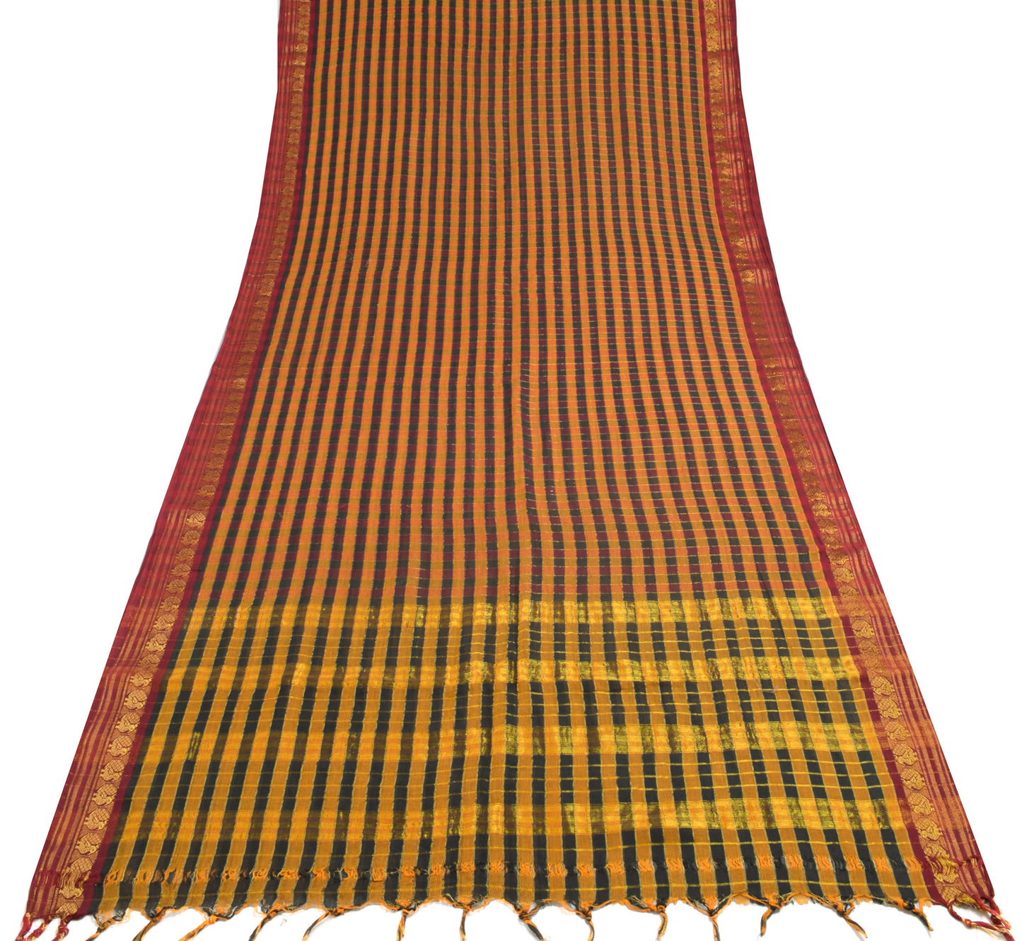 Sushila Vintage Multi-Color Scrap Saree 100%Pure Cotton Checks Woven Sari Fabric