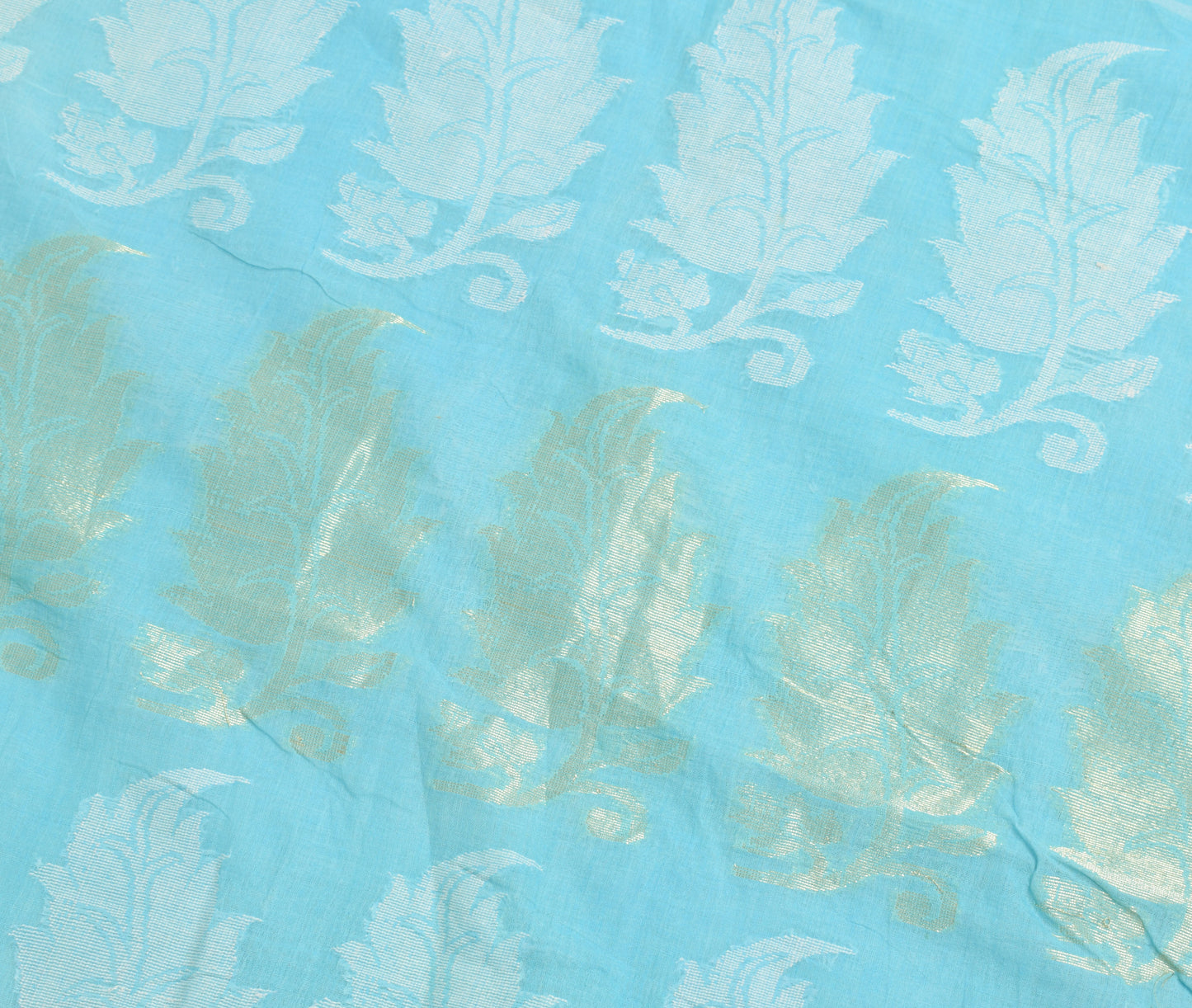 Sushila Vintage Aqua Blue Scrap Saree 100% Pure Cotton Woven Floral Sari Fabric