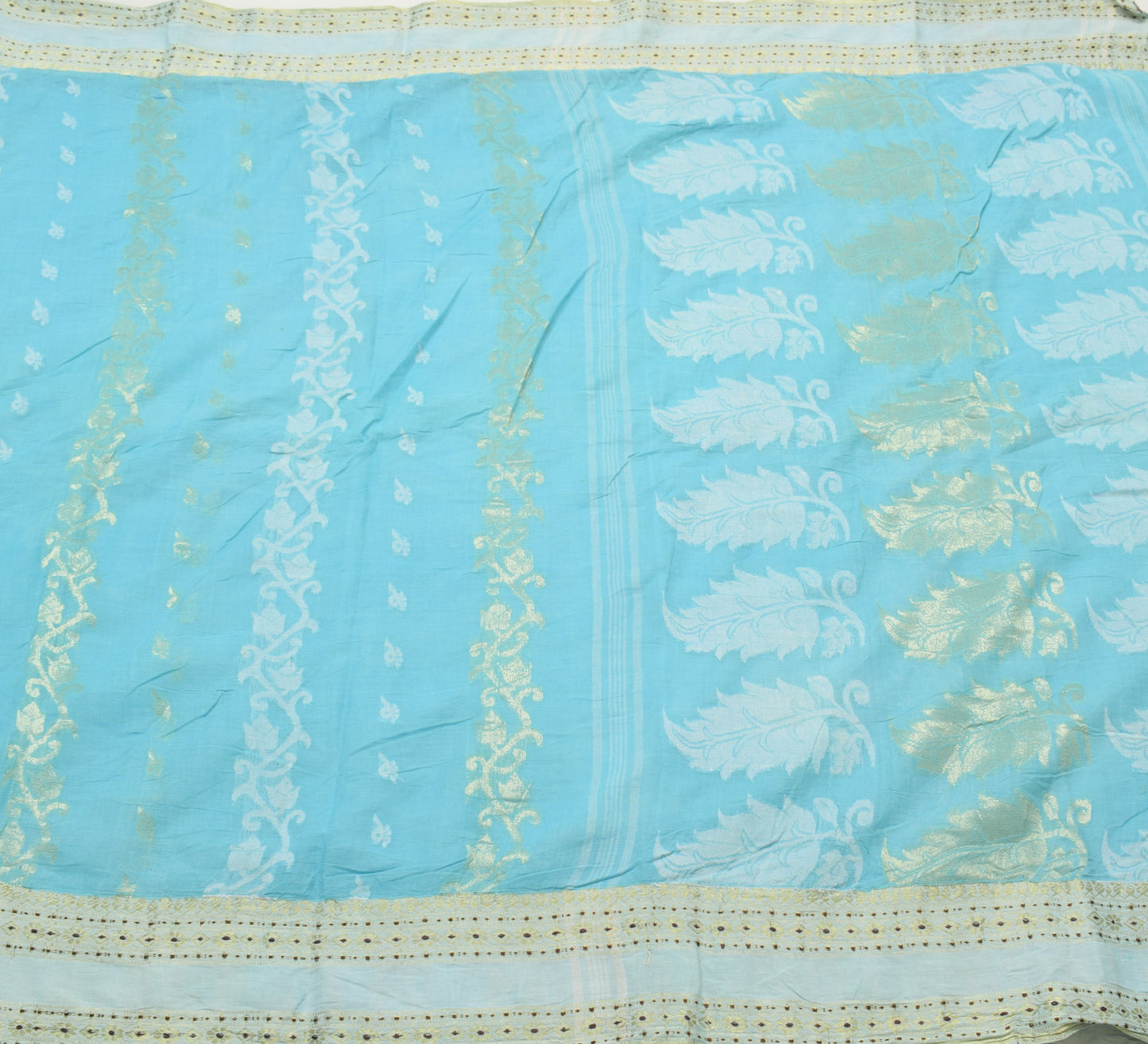 Sushila Vintage Aqua Blue Scrap Saree 100% Pure Cotton Woven Floral Sari Fabric