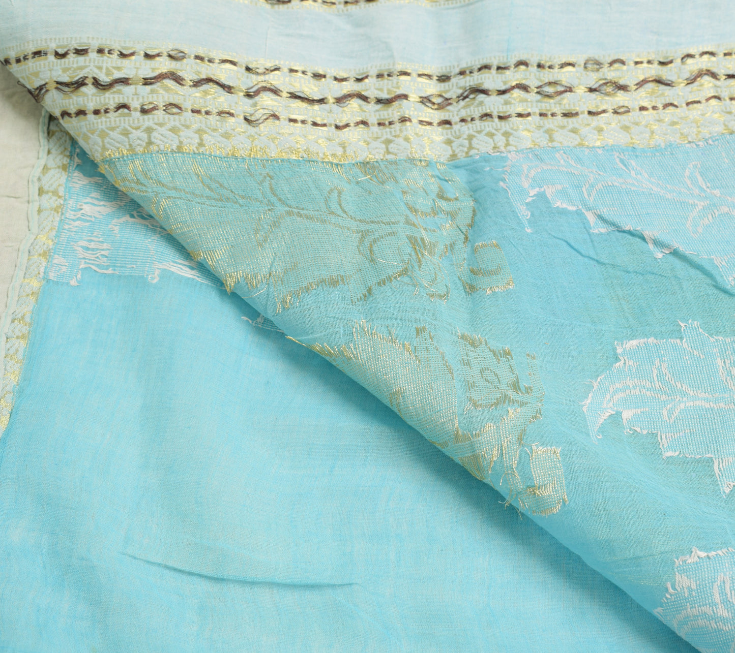 Sushila Vintage Aqua Blue Scrap Saree 100% Pure Cotton Woven Floral Sari Fabric