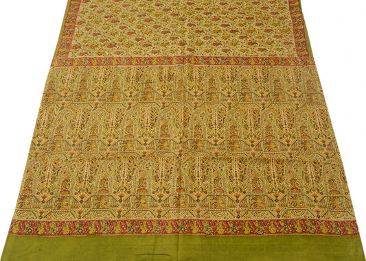 Sushila Vintage Cream Scrap Saree 100% Pure Silk Printed Paisley Sari Fabric