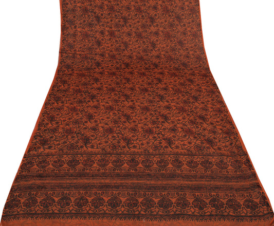 Sushila Vintage Brown Scrap Saree Blend Chiffon Silk Printed Floral Sari Fabric