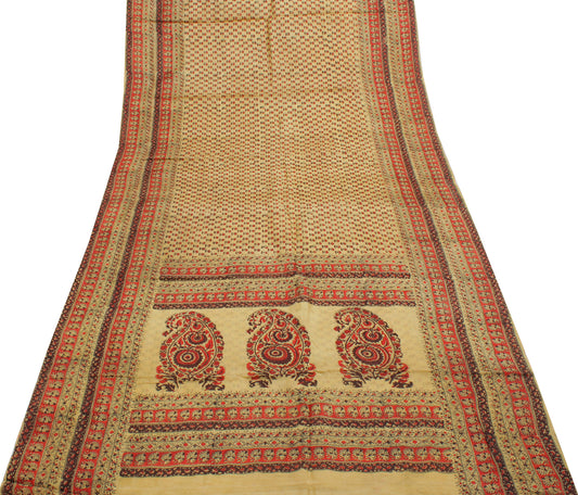 Sushila Vintage Light Brown Scrap Saree Pure Silk Printed Floral Sari Fabric