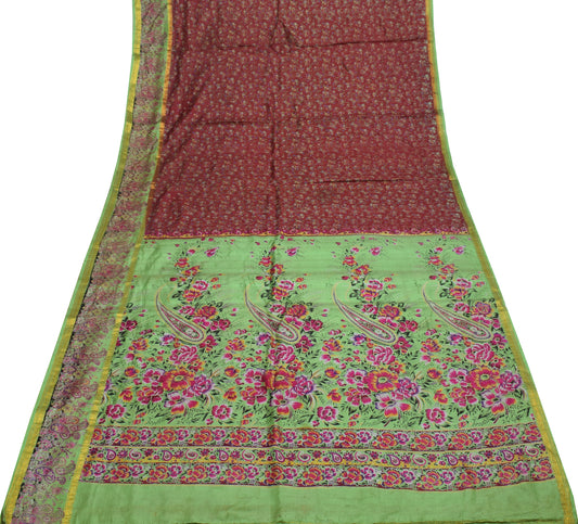 Sushila Vintage Maroon Scrap Saree 100% Pure Silk Printed Floral Sari Fabric