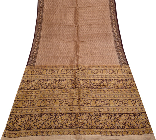 Sushila Vintage Light Brown Scrap Saree 100% Pure Silk Printed Sari Fabric