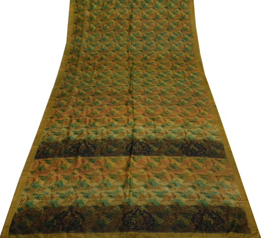 Sushila Vintage Green Scrap Saree 100% Pure Silk Printed Floral Sari Fabric