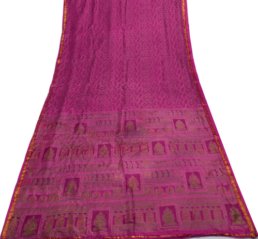 Sushila Vintage Dark Pink Scrap Saree 100% Pure Silk Printed Floral Sari Fabric