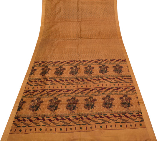 Sushila Vintage Brown Scrap Saree 100% Pure Silk Printed Floral Sari Fabric