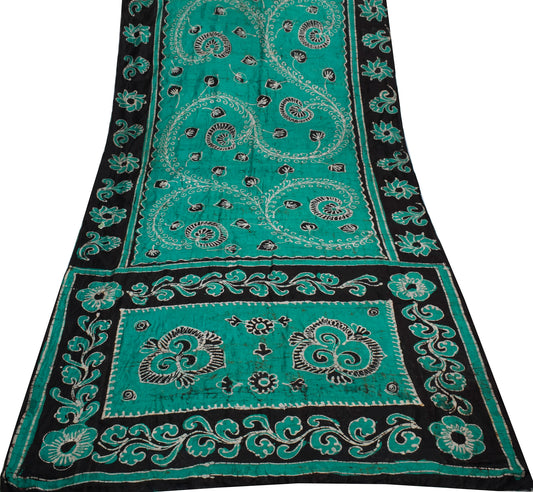 Sushila Vintage Teal Green Scrap Saree 100% Pure Silk Printed Sari Craft Fabric